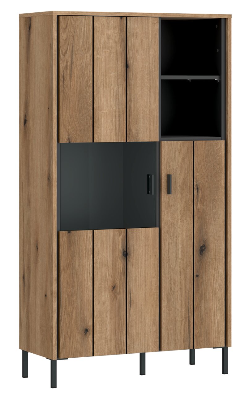 Z2 Highboardvitrine SHIRLEY Frontansicht einer modernen Highboardvitrine aus Holz mit Glaselementen und schwarzen Metallbeinen.