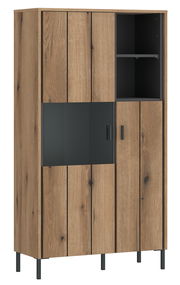Frontansicht einer modernen Highboardvitrine aus Holz mit Glaselementen und schwarzen Metallbeinen.