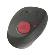 Schwarzes, ovales Zigbee-Notfallknopfgerät mit roter „START/STOP“-Taste und roter LED-Anzeige, in schräger Draufsicht (3/4-Ansicht) vor weißem Hintergrund