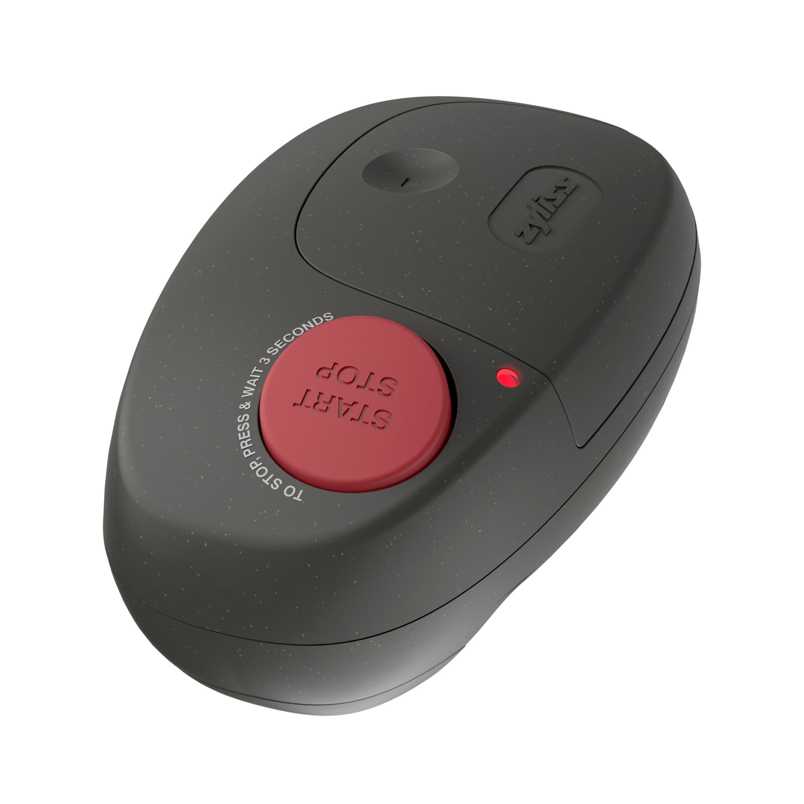 Schwarzes, ovales Zigbee-Notfallknopfgerät mit roter „START/STOP“-Taste und roter LED-Anzeige, in schräger Draufsicht (3/4-Ansicht) vor weißem Hintergrund