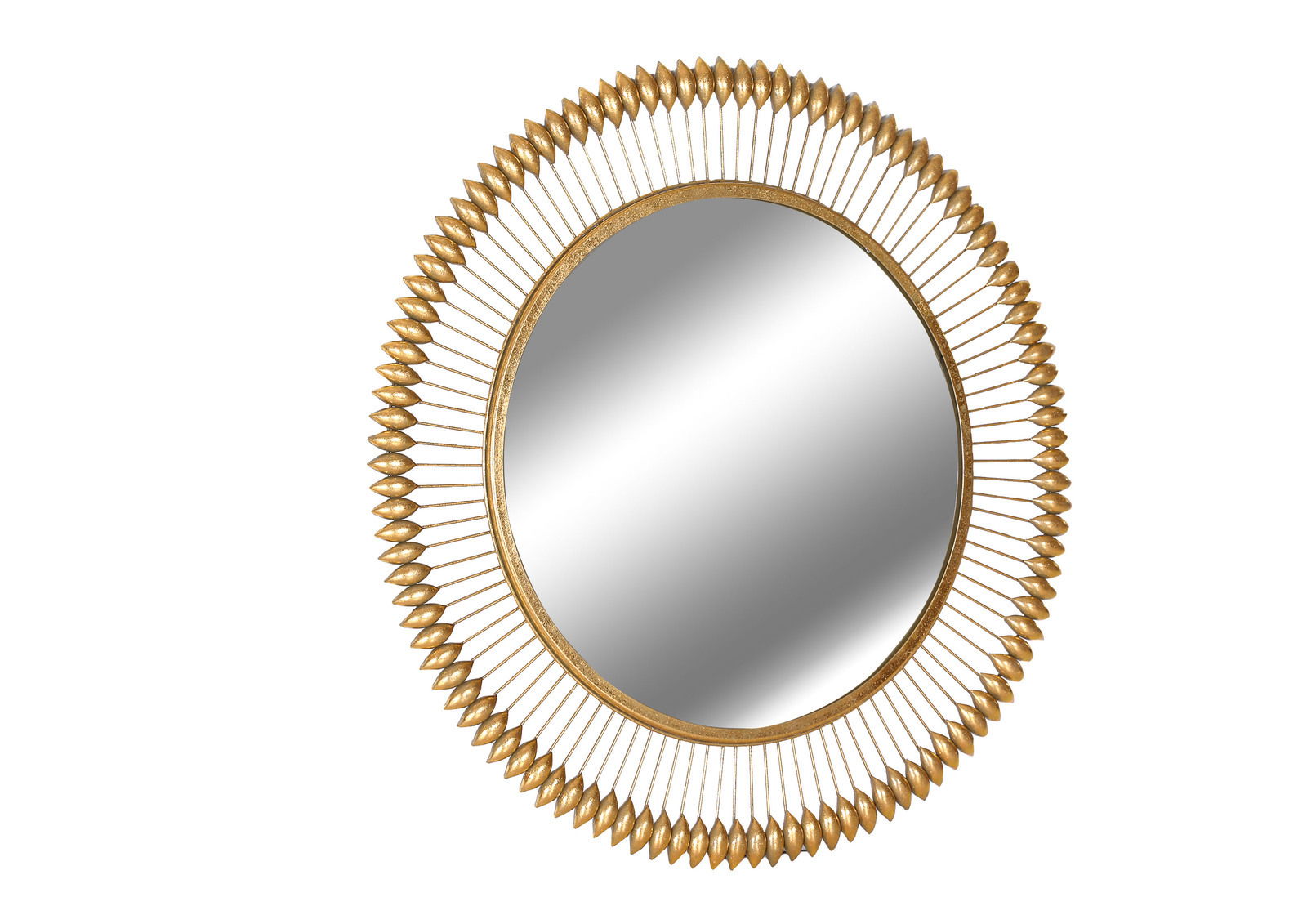 Runder Spiegel mit dekorativem, goldfarbenem Rahmen in Sonnenstrahlen-Optik, Frontalansicht