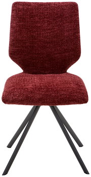 Moderner Stuhl mit bordeauxrotem Stoffbezug und schwarzen Metallbeinen, Frontalansicht