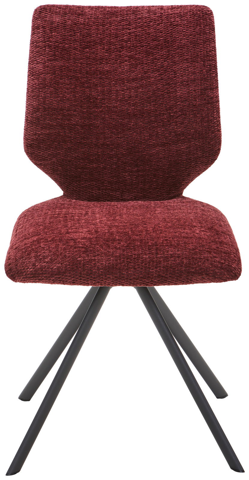 Moderner Stuhl mit bordeauxrotem Stoffbezug und schwarzen Metallbeinen, Frontalansicht