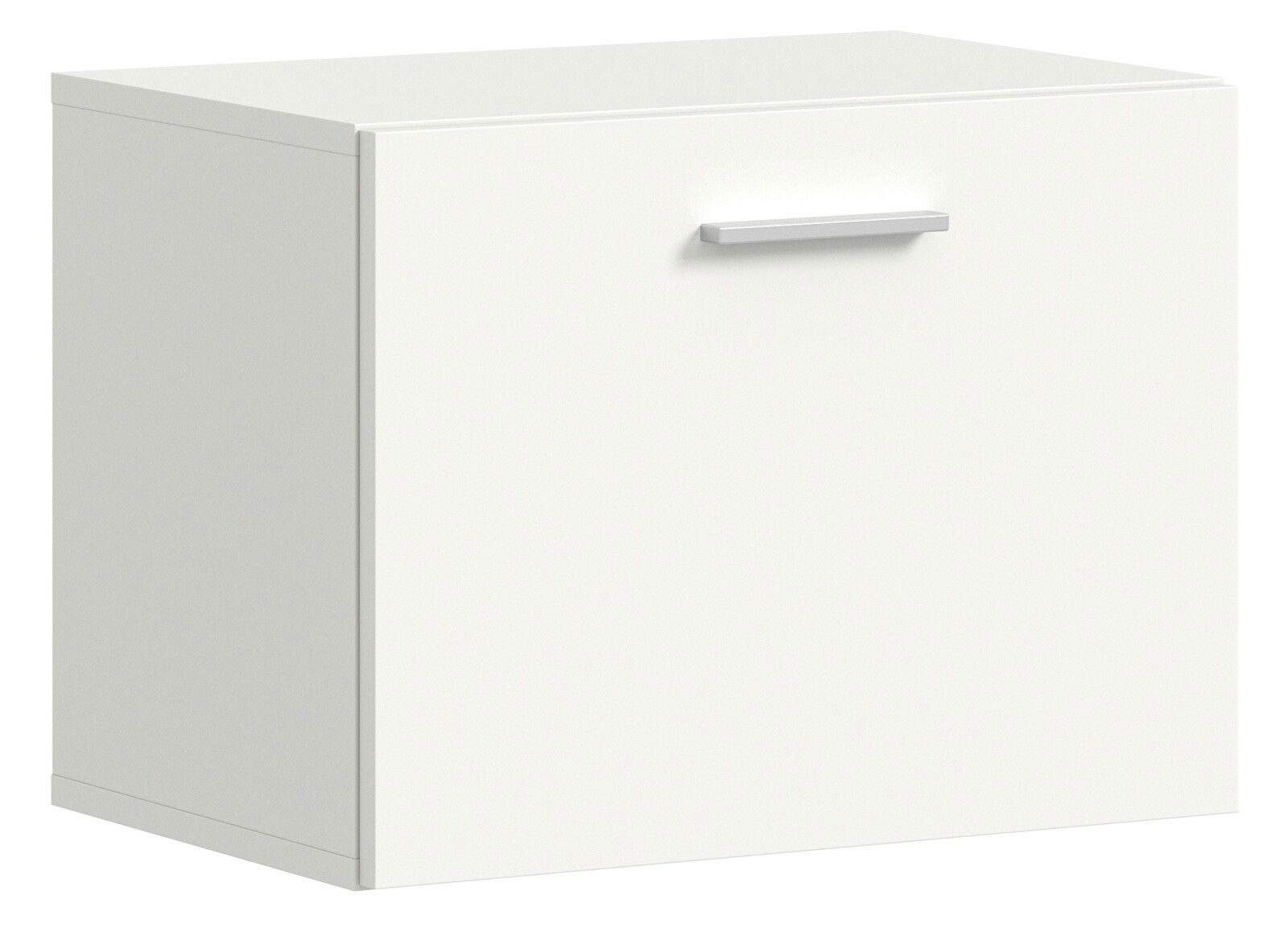 Weißer Garderobenschrank mit einer Tür und silbernem Griff, seitliche Perspektive