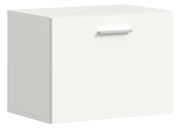 Weißer Garderobenschrank mit einer Tür und silbernem Griff, seitliche Perspektive