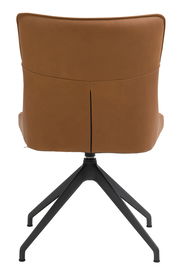 Rückansicht eines modernen Stuhls mit braunem Lederbezug und schwarzem Metallgestell.