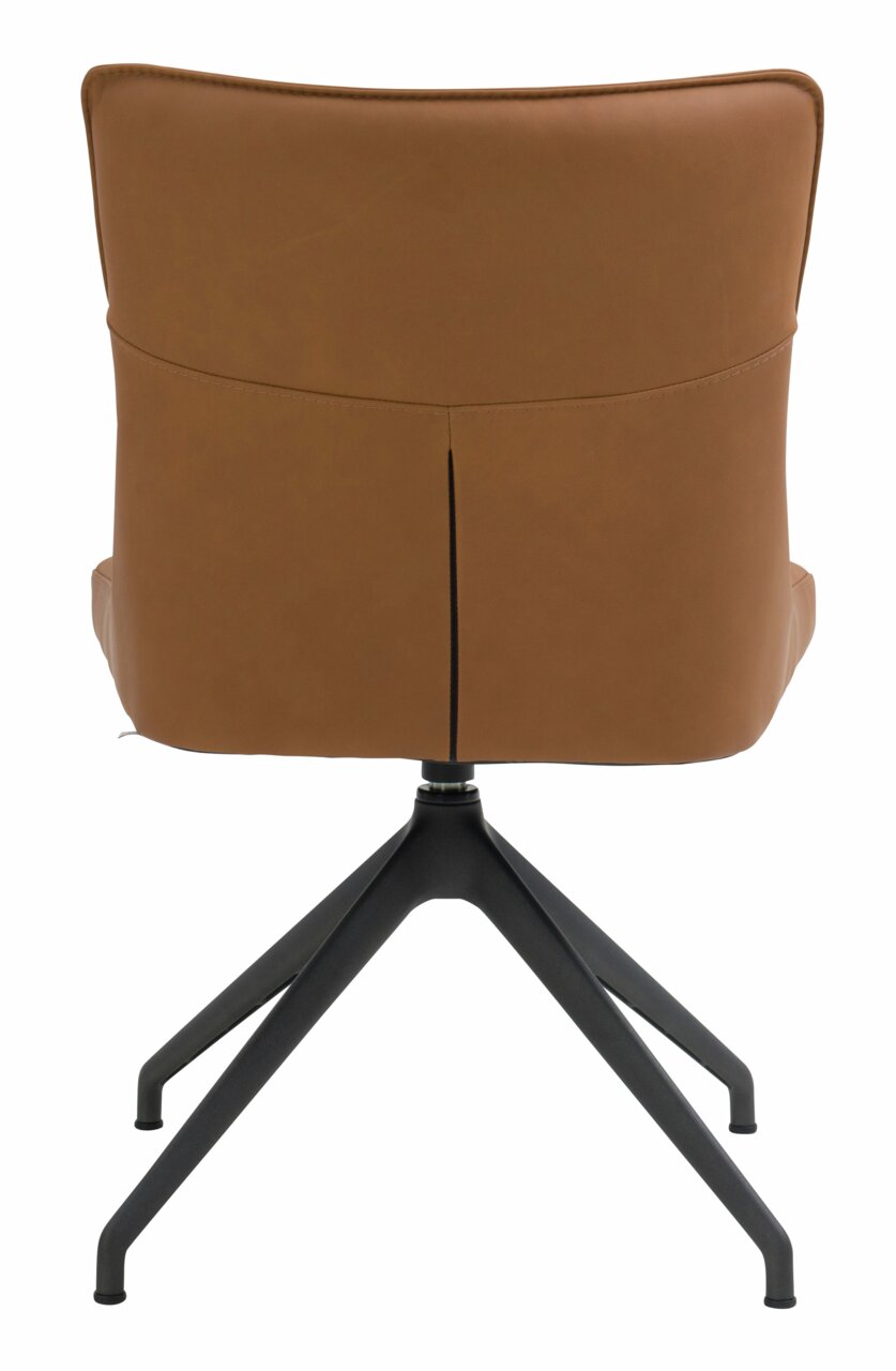 Achterkant van een moderne stoel met bruine lederen bekleding en een zwart metalen frame.