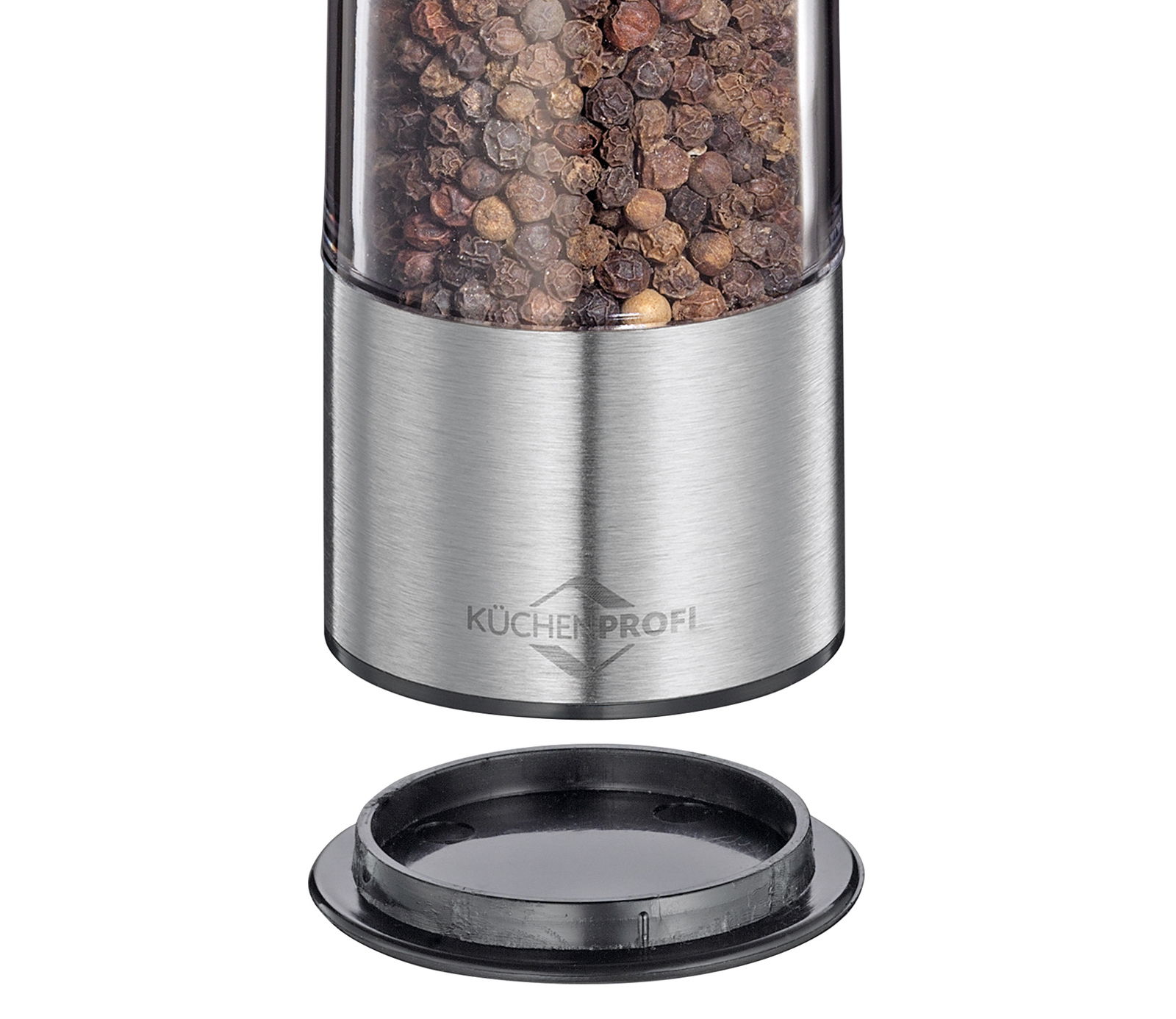 Nahaufnahme einer Pfeffer- und Salzmühle Boston aus Edelstahl mit transparentem Behälter, gefüllt mit Pfefferkörnern, und abnehmbarem Deckel.