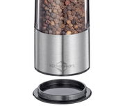 Nahaufnahme einer Pfeffer- und Salzmühle Boston aus Edelstahl mit transparentem Behälter, gefüllt mit Pfefferkörnern, und abnehmbarem Deckel.