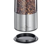 Nahaufnahme einer Pfeffer- und Salzmühle Boston aus Edelstahl mit transparentem Behälter, gefüllt mit Pfefferkörnern, und abnehmbarem Deckel.