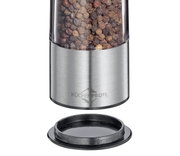 Nahaufnahme einer Pfeffer- und Salzmühle Boston aus Edelstahl mit transparentem Behälter, gefüllt mit Pfefferkörnern, und abnehmbarem Deckel.