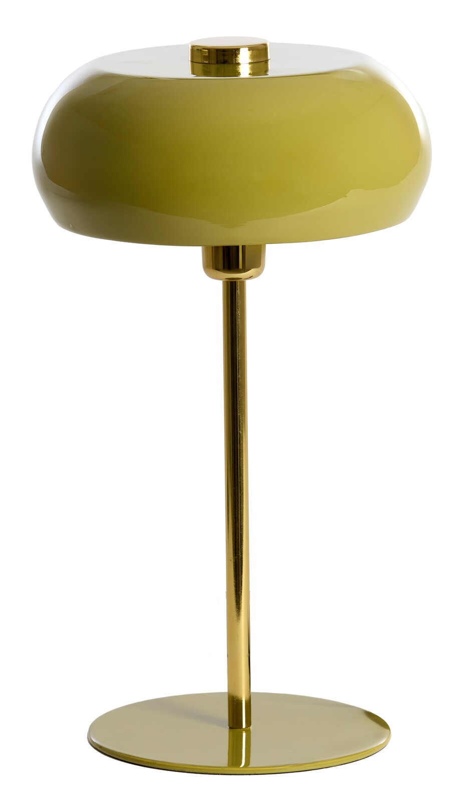 Goldene Tischleuchte mit rundem Schirm und schlankem Standfuß, seitliche Perspektive