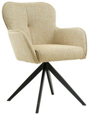 Beiger Armlehnstuhl mit schwarzem Metallgestell, seitliche Perspektive