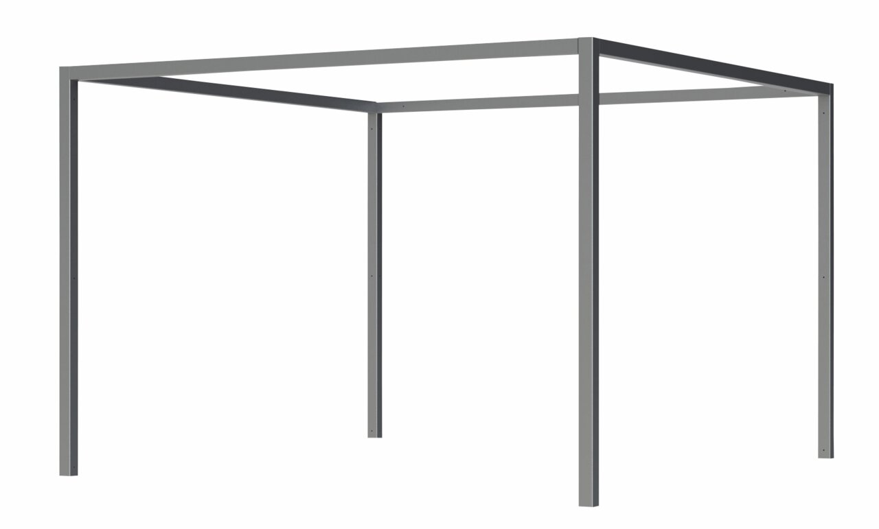 Metallrahmen einer Pergola von schräg unten betrachtet