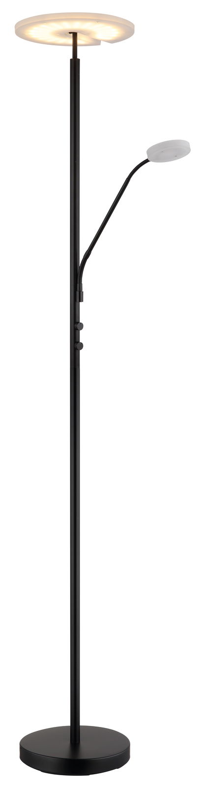 Moderner Deckenfluter Globo Lighting STANFORD in schwarzem Design mit zusätzlichem Leselicht, seitliche Perspektive.