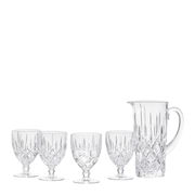 Krugset Noblesse 5-tlg. aus Kristallglas, bestehend aus einem Krug und vier Gläsern, seitliche Perspektive.