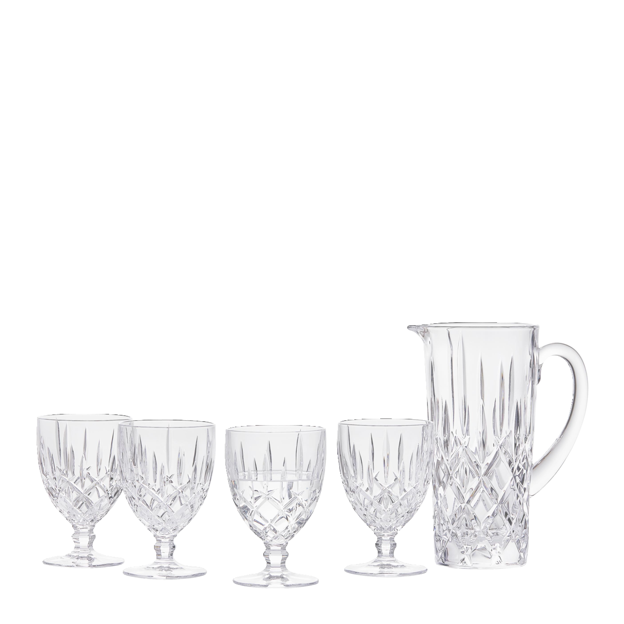 Nachtmann Krugset Noblesse 5-tlg. Krugset Noblesse 5-tlg. aus Kristallglas, bestehend aus einem Krug und vier Gläsern, seitliche Perspektive.