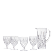 Krugset Noblesse 5-tlg. aus Kristallglas, bestehend aus einem Krug und vier Gläsern, seitliche Perspektive.