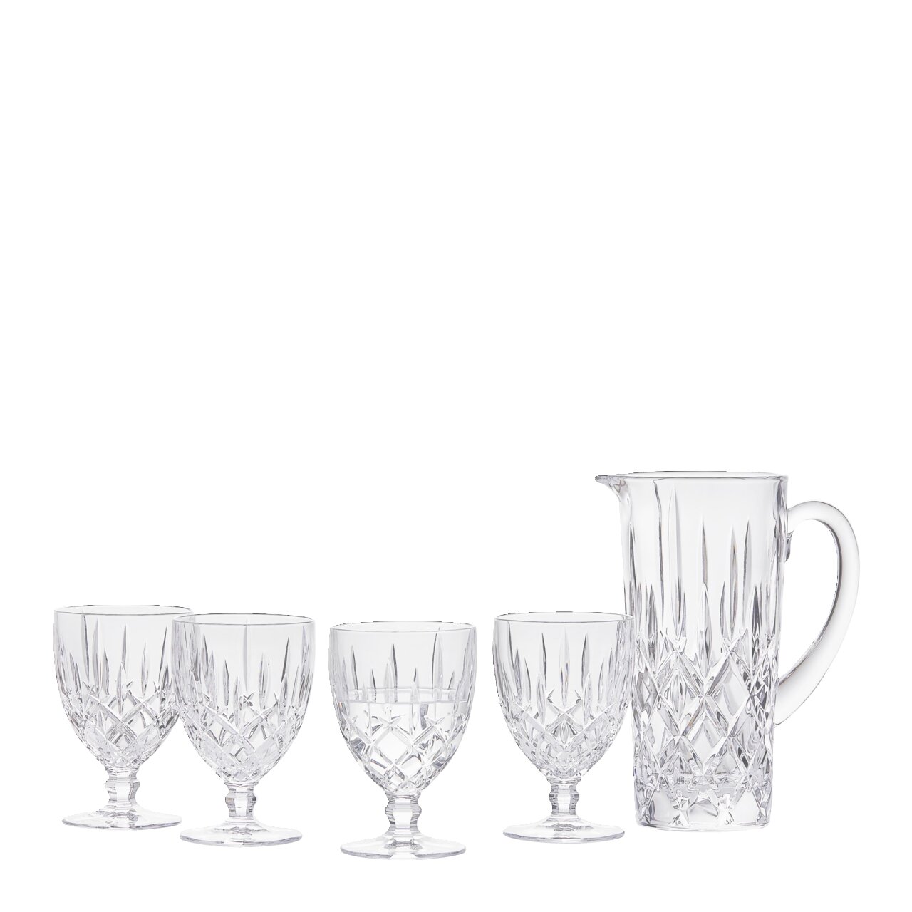 Noblesse-set van 5 stuks van kristalglas, bestaande uit een kan en vier glazen, zijaanzicht.