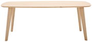 Moderner Esstisch aus hellem Holz mit abgerundeten Ecken, frontal betrachtet.