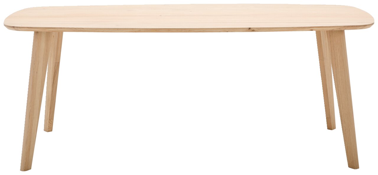 Moderne eettafel van licht hout met afgeronde hoeken, gezien vanaf de voorkant.