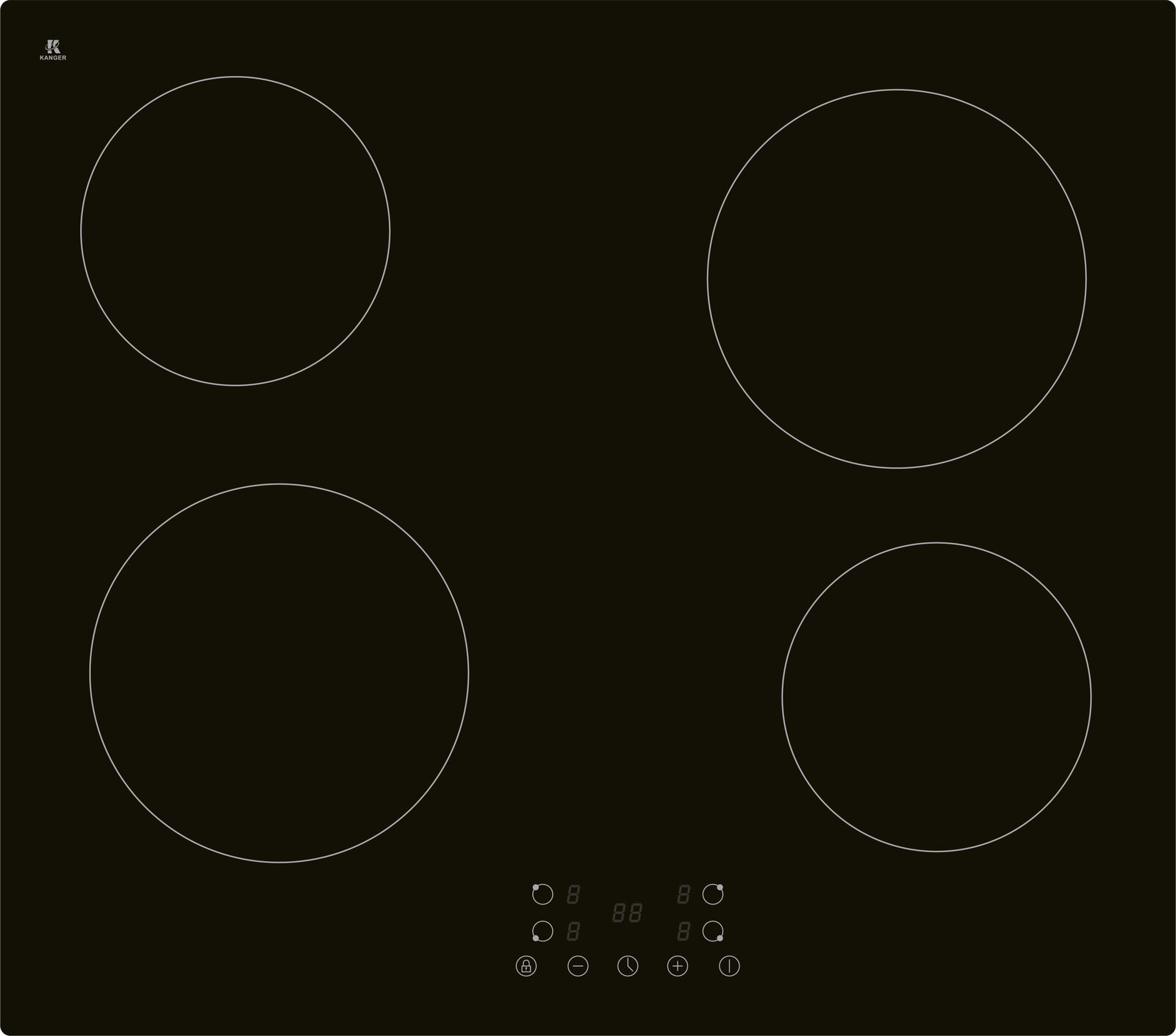 Schwarzes Kochfeld mit vier Kochzonen und Touch-Bedienfeld, Draufsicht