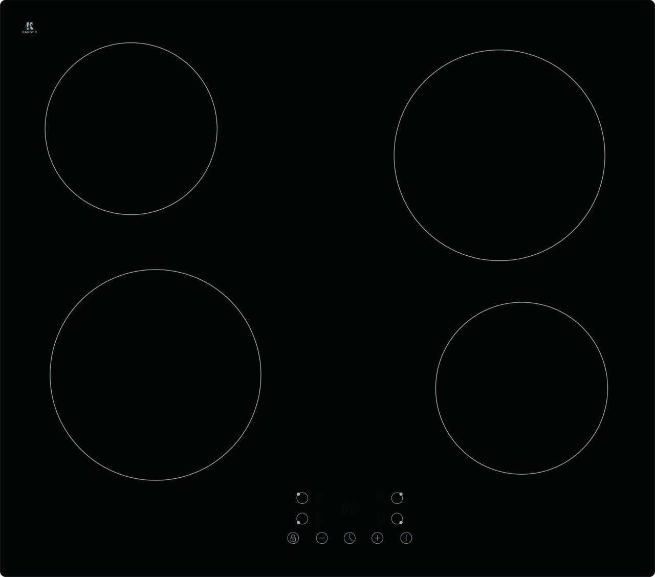 Schwarzes Kochfeld mit vier Kochzonen und Touch-Bedienfeld, Draufsicht