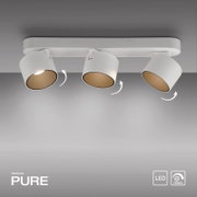 Dreifacher LED-Spot in modernem Design, Deckenmontage, mit schwenkbaren Leuchten, seitliche Perspektive.