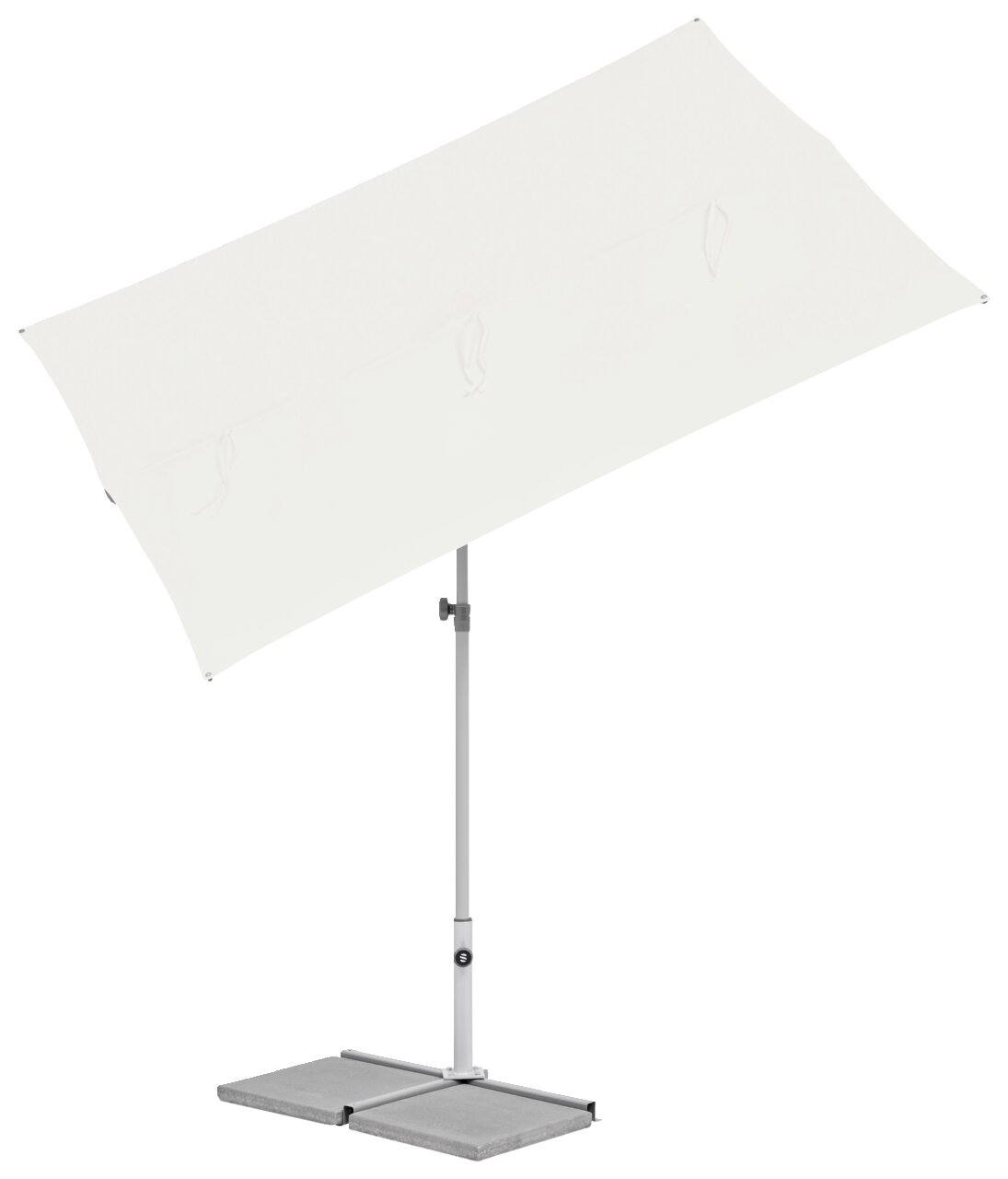 Moderner weißer Sonnenschirm mit rechteckigem Schirm und stabilem Standfuß, seitliche Perspektive