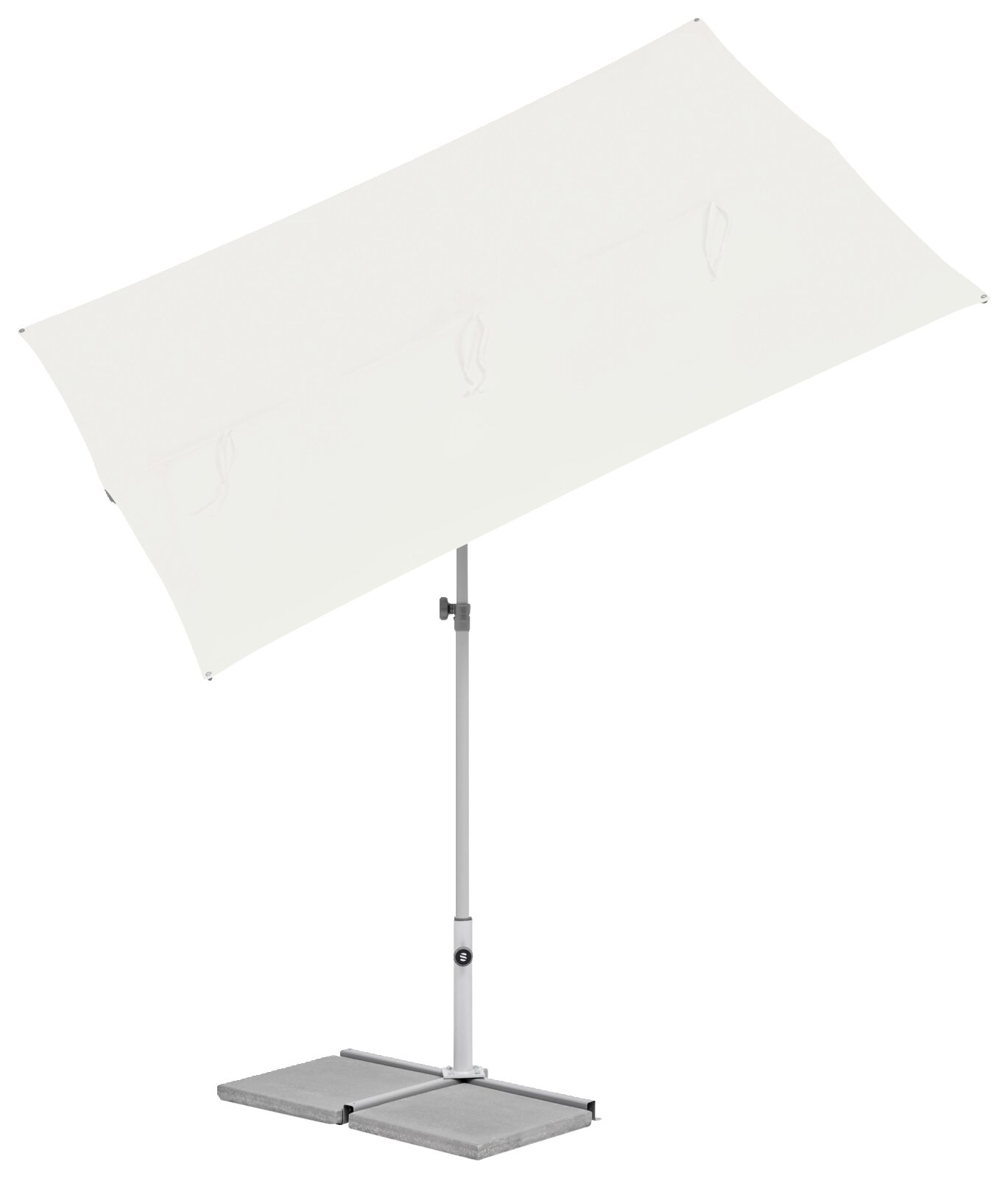 Moderner weißer Sonnenschirm mit rechteckigem Schirm und stabilem Standfuß, seitliche Perspektive