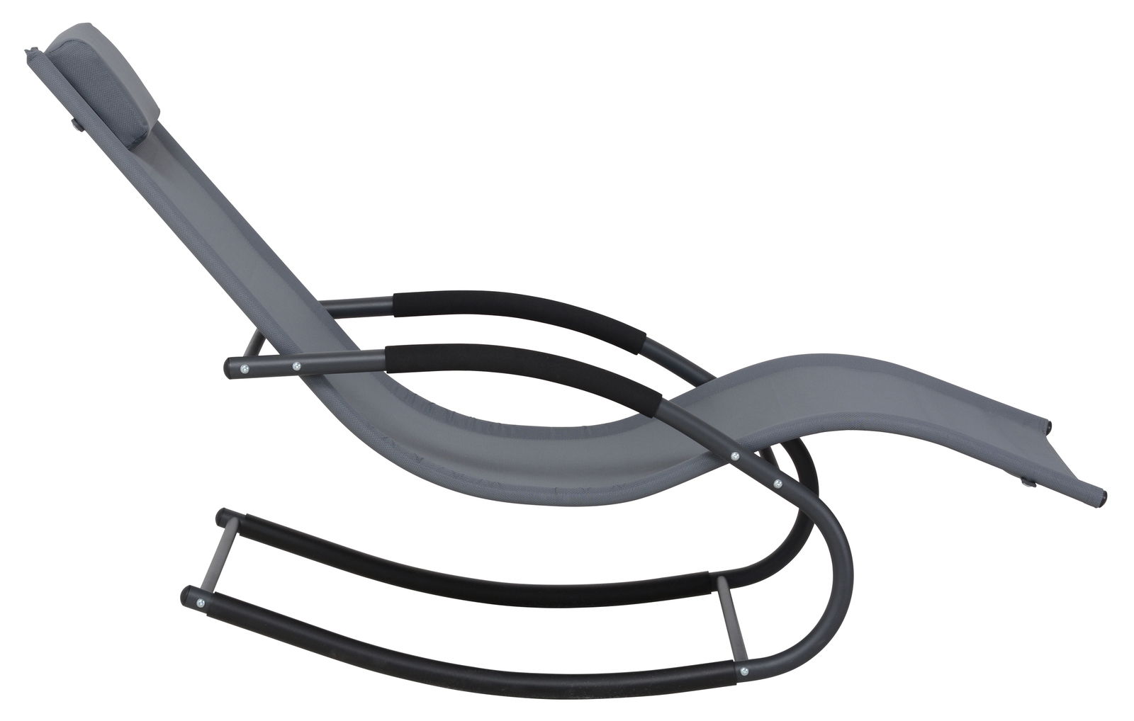 Seitliche Ansicht einer grauen Schaukelliege mit gebogenem Metallrahmen und Kopfstütze.