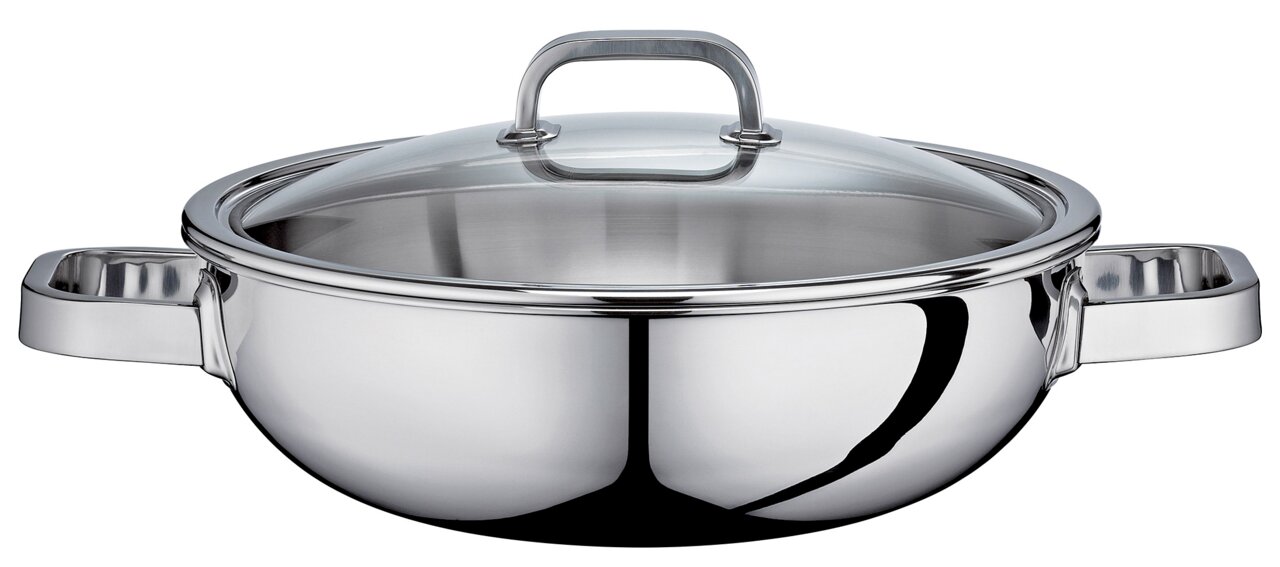 Wok mit Glasdeckel aus Edelstahl, seitliche Perspektive