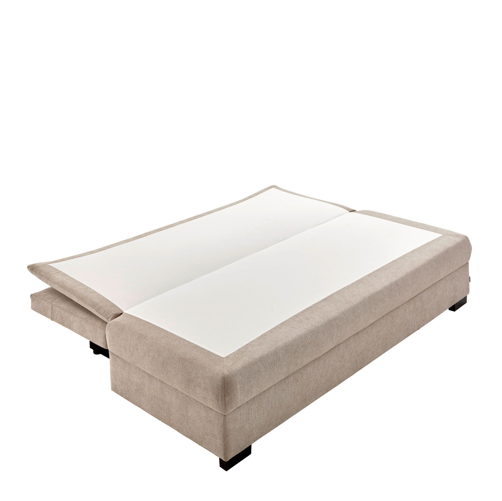 Funktionssofa in beige, ausgeklappt als Bett, seitliche Perspektive