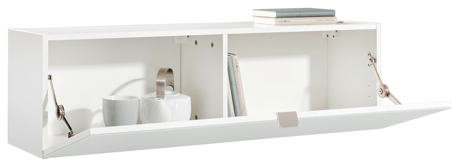Weißer Hängeschrank mit geöffneter Klappe, seitliche Perspektive, zeigt Innenraum mit Tassen und Büchern