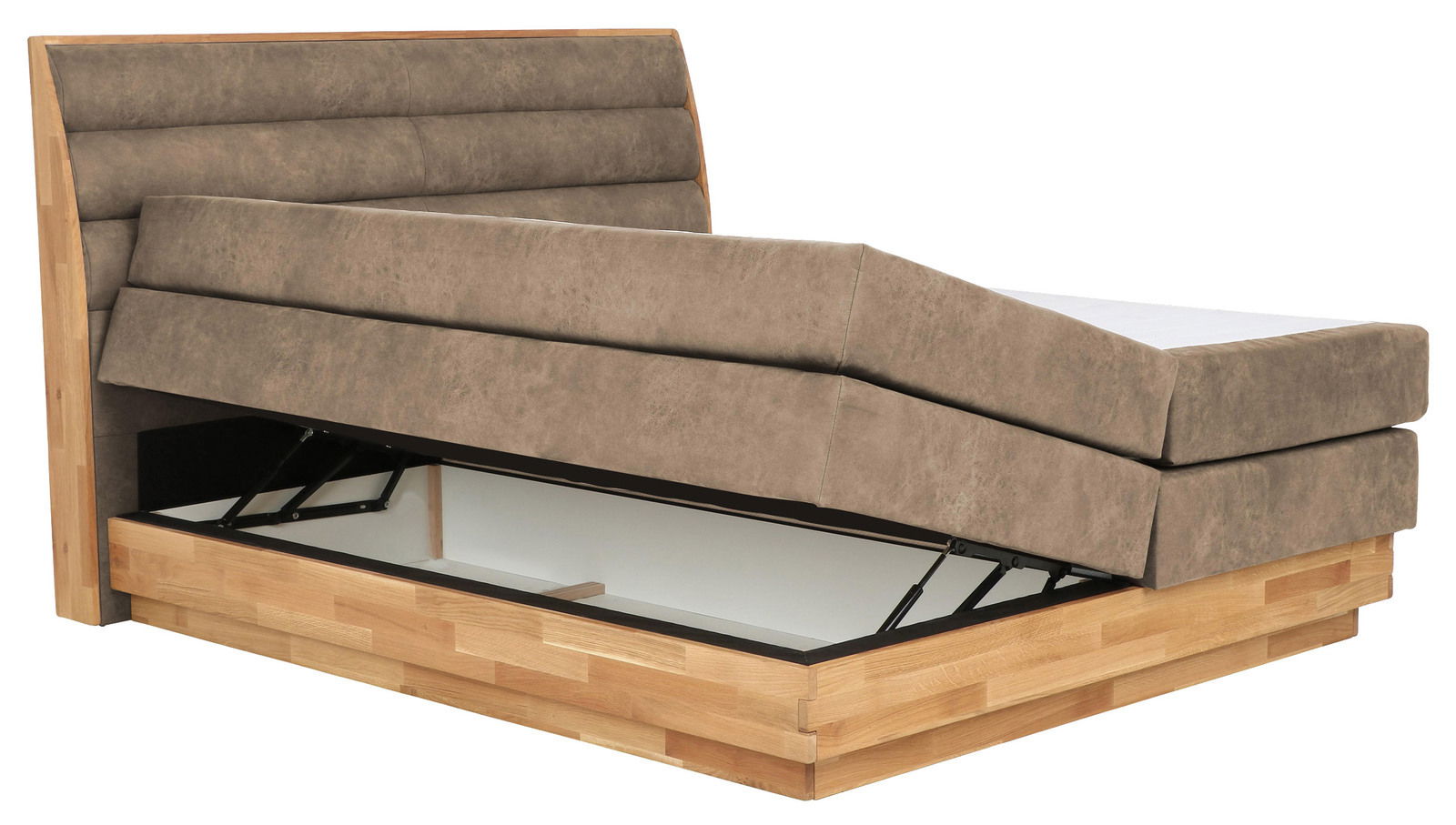 Boxspringbett mit hochgeklappter Matratze und Stauraum, seitliche Perspektive