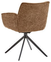 Rückansicht eines braunen Armlehnstuhls mit schwarzem Metallgestell