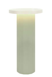 Moderne Akku-Tischleuchte mit zylindrischem Sockel und flacher, runder Leuchtfläche, seitliche Perspektive.