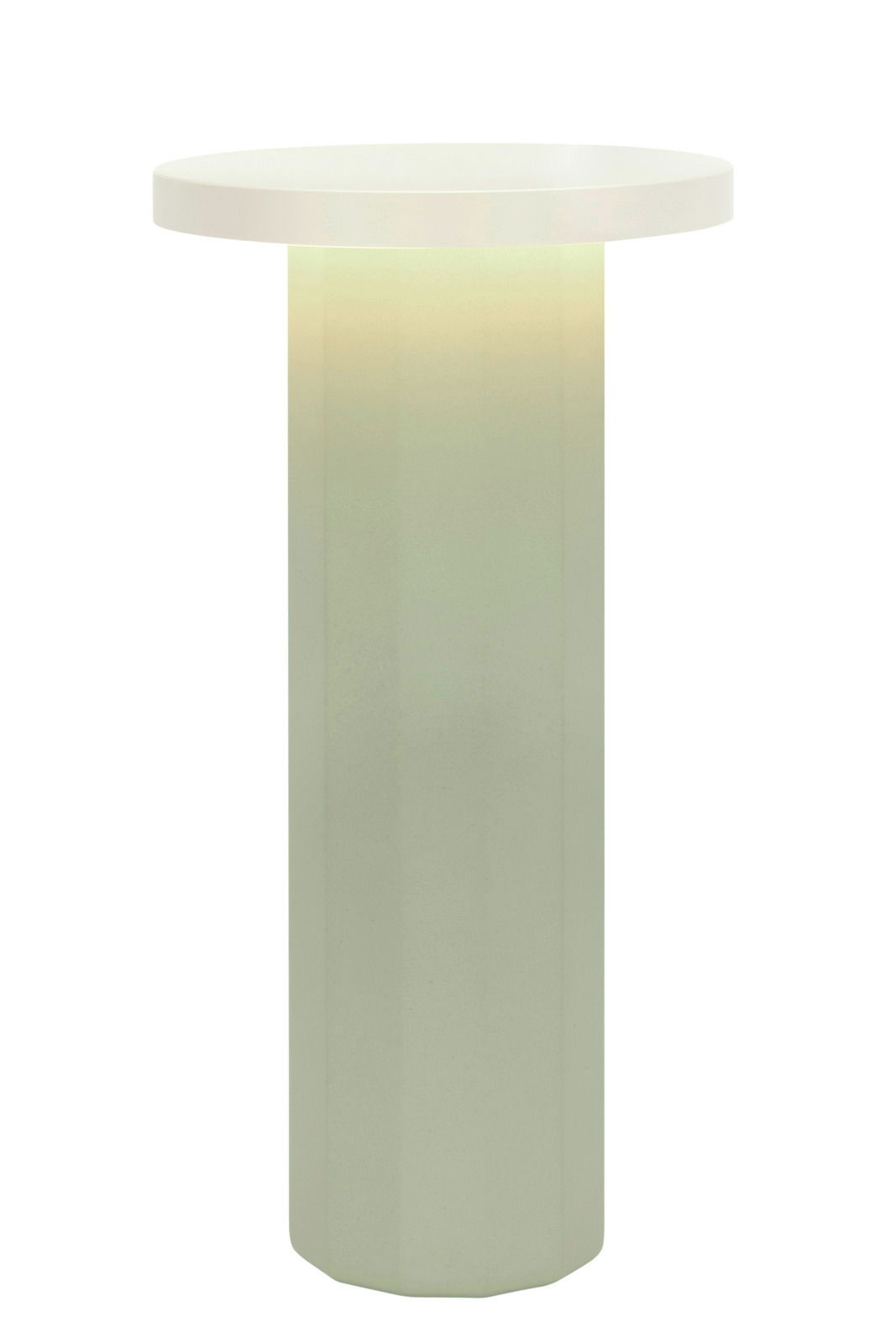 Moderne Akku-Tischleuchte mit zylindrischem Sockel und flacher, runder Leuchtfläche, seitliche Perspektive.