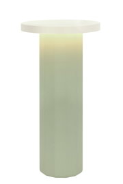 Moderne Akku-Tischleuchte mit zylindrischem Sockel und flacher, runder Leuchtfläche, seitliche Perspektive.