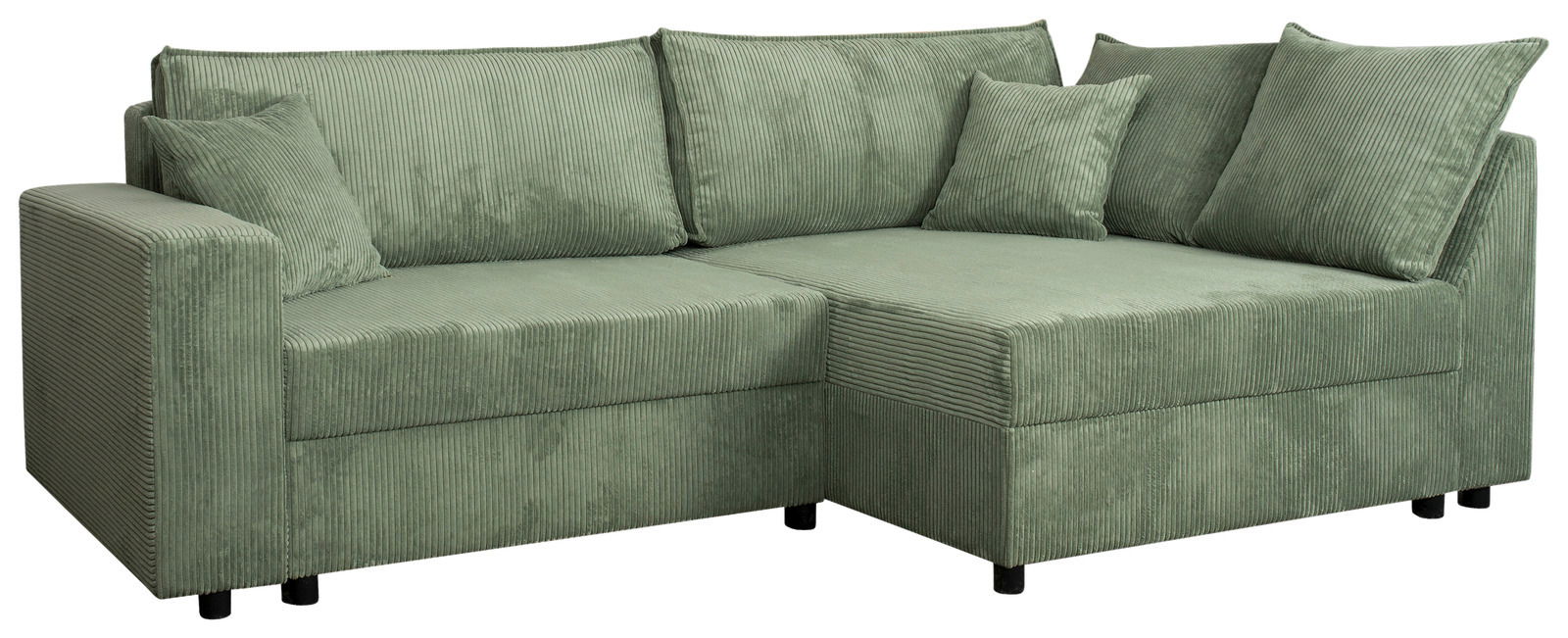 Grünes Ecksofa mit geripptem Stoffbezug, linke Armlehne, mehrere Kissen, Perspektive von vorne links