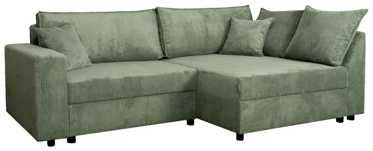 Grünes Ecksofa mit geripptem Stoffbezug, linke Armlehne, mehrere Kissen, Perspektive von vorne links