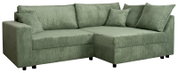 Grünes Ecksofa mit geripptem Stoffbezug, linke Armlehne, mehrere Kissen, Perspektive von vorne links