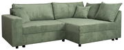 Grünes Ecksofa mit geripptem Stoffbezug, linke Armlehne, mehrere Kissen, Perspektive von vorne links