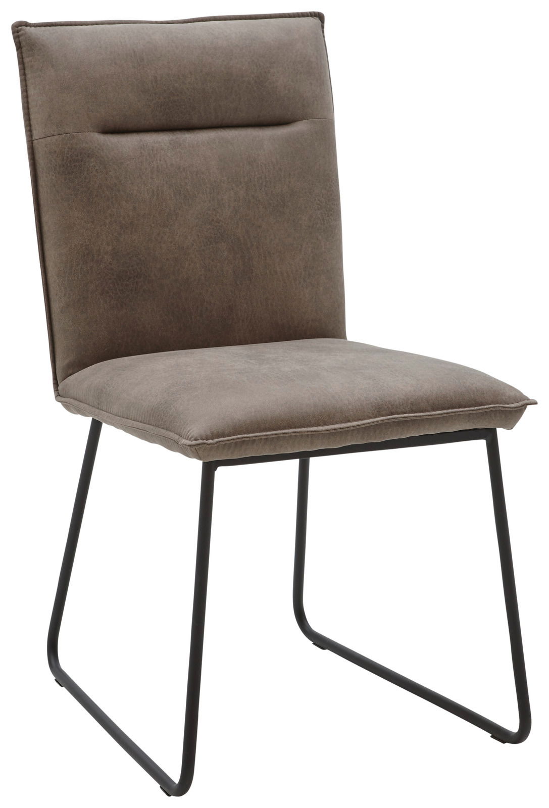 Moderner Stuhl mit gepolstertem Sitz und Rückenlehne in braunem Stoff, schwarzes Metallgestell, seitliche Perspektive