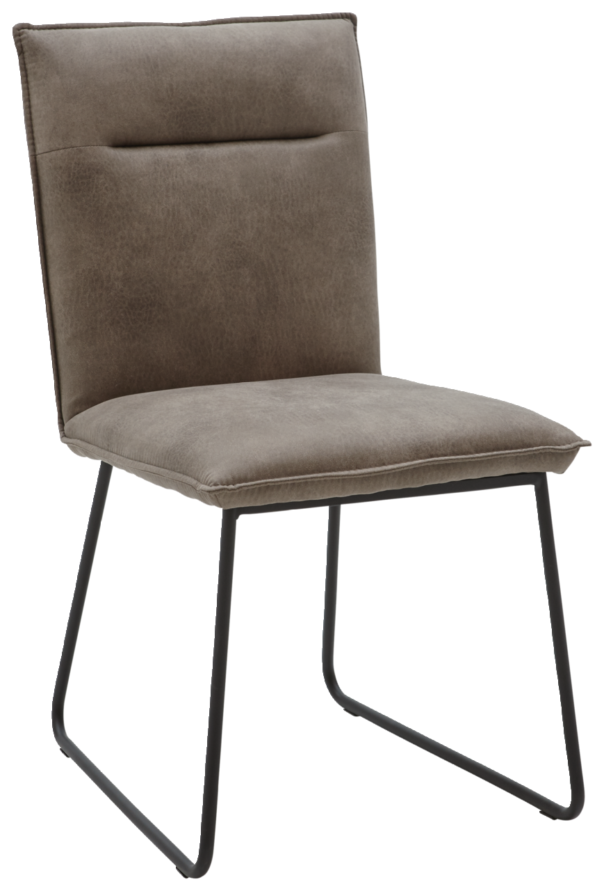 Moderner Stuhl mit gepolstertem Sitz und Rückenlehne in braunem Stoff, schwarzes Metallgestell, seitliche Perspektive