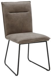 Moderner Stuhl mit gepolstertem Sitz und Rückenlehne in braunem Stoff, schwarzes Metallgestell, seitliche Perspektive