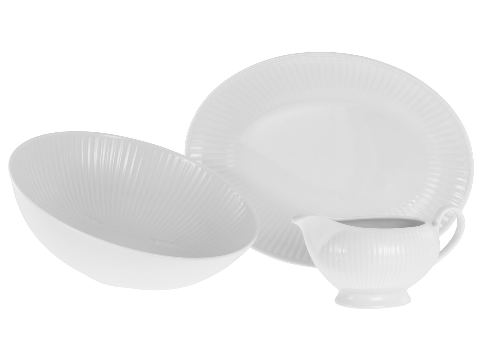 Creatable Servierset 3-tlg VALENCIA Weißes Porzellan-Serviergeschirr-Set mit großer Platte, Schüssel und Sauciere mit Rillenrelief, freigestellt auf weißem Hintergrund, Perspektive: leicht seitliche Vorderansicht.