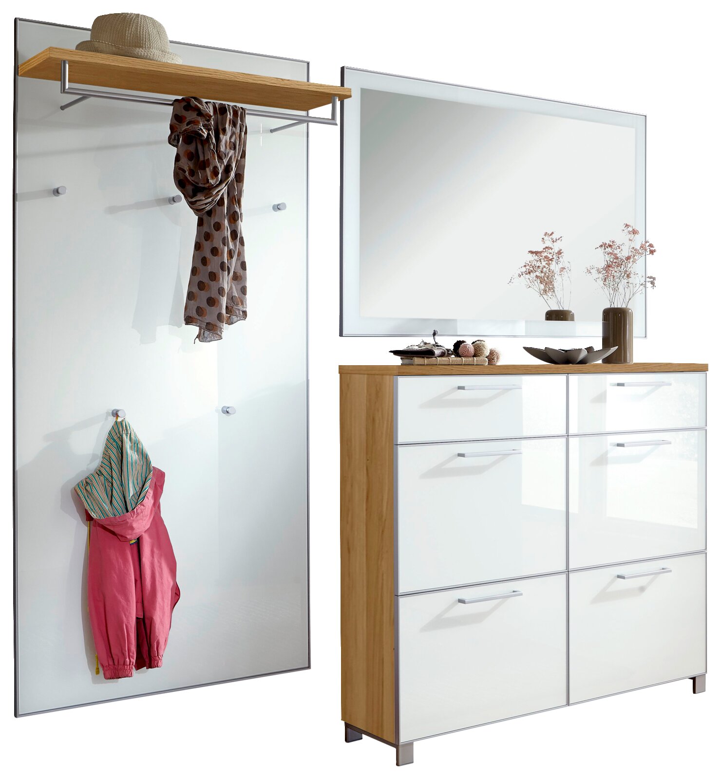 VOSS Garderoben-Set 3-tlg. SANTINA Garderoben-Set 3-tlg. mit Spiegel, Hakenleiste und Schuhschrank in Holzoptik, seitliche Perspektive