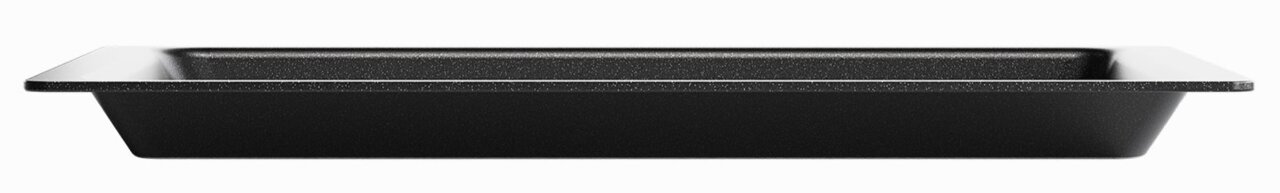 Seitenansicht einer schwarzen Backofenplatte mit den Maßen 465 x 370 x 30 mm.