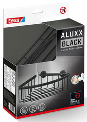 Schwarzes Eck-Duschregal von tesa ALUXX, perspektivisch von vorne rechts gezeigt, mit einfacher Montage ohne Bohren.